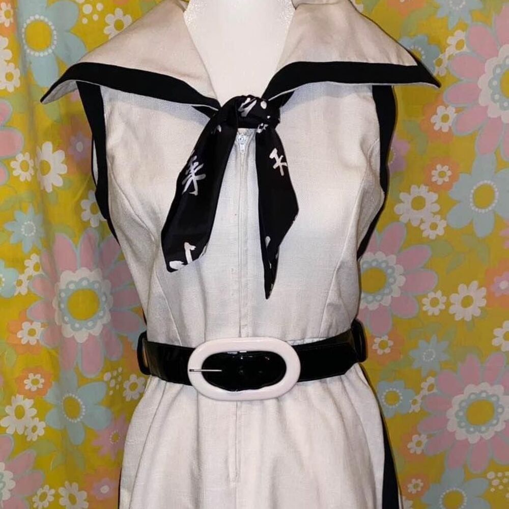 Black & White Vintage 80s Belted Nautical Dress with Japanese Navy Necktie Scarf